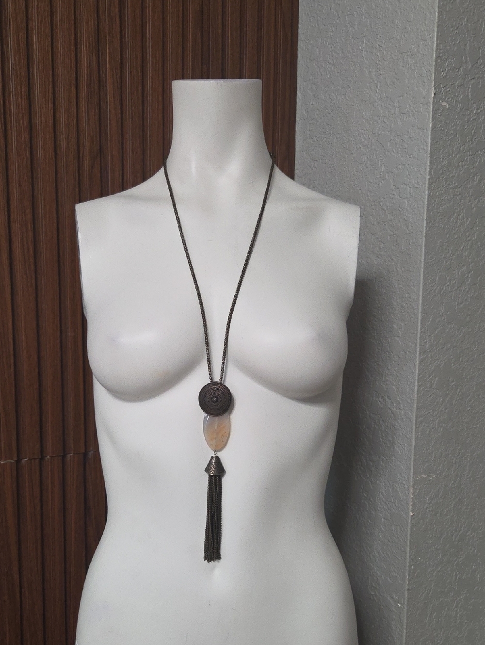 Long Beige Stone Pendant Tassel Necklace - Neutral Boho Style
